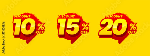 Set of discount label vector illustration, sale banner for promotional 10% off, 15% off, 20% off special offer with 3D style tag sticker design element	