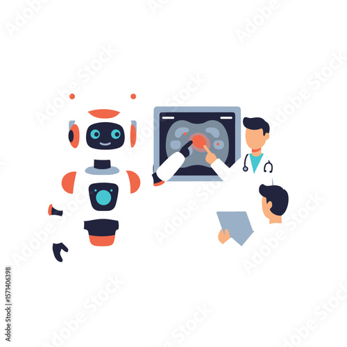 AI robot highlighting problem area on medical scan for physician  