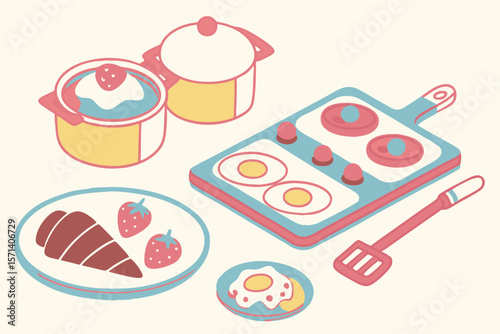 Isometric illustration of breakfast food items including eggs, pancakes, and strawberry desserts