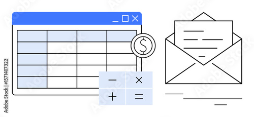 Spreadsheet with data grid, calculator with math operations, monetary symbol, and an envelope for correspondence. Ideal for finance, budgeting, accounting, communication, reporting planning