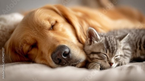 Wallpaper Mural Golden Retriever and Tabby Kitten Sleeping Peacefully Together in 4K Torontodigital.ca