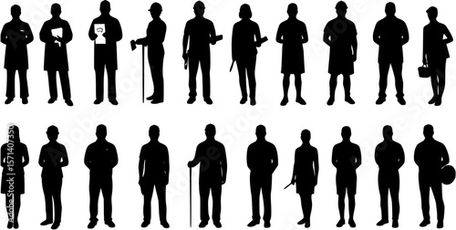 People different occupations standing together vector black silhouettes vector set collection.
