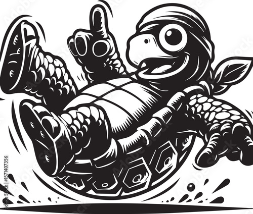A monochrome cartoon shows a turtle wearing sneakers, displaying dynamic motion and playful energy with its limbs extended.