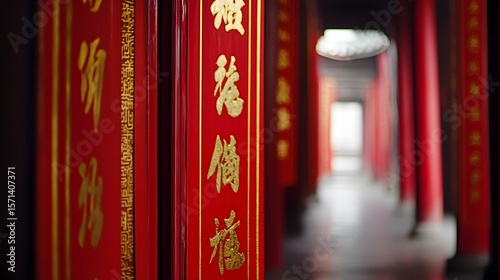 Red pillars with golden calligraphy in a temple corridor.