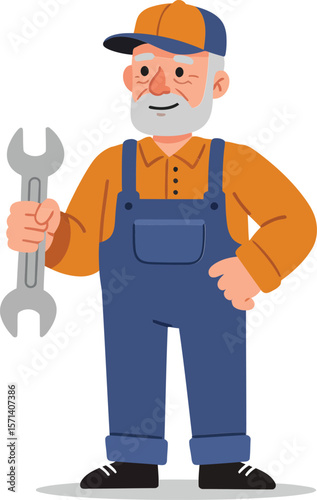 Cartoon mechanic holding wrench wearing orange shirt blue overalls and cap illustration