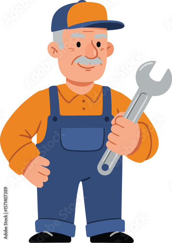 Cartoon mechanic holding wrench smiling wearing orange shirt and blue overalls with cap