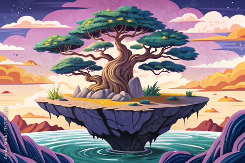 Ancient tree vector on floating rock island, magical sky scene, surreal fantasy landscape, mystical nature, airborne terrain, dreamy environment, enchanted roots, peaceful cloud realm