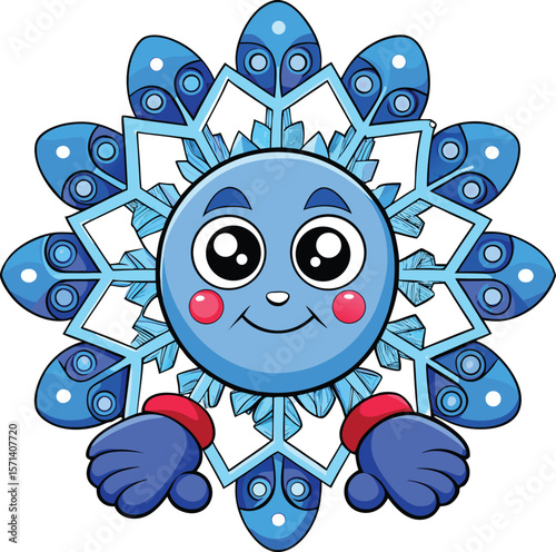 Smiling snowflake with mittens, winter-themed kawaii cartoon vector