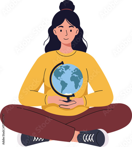 Woman holding globe in yellow sweater sitting cross-legged with black hair and casual shoes in simple illustration