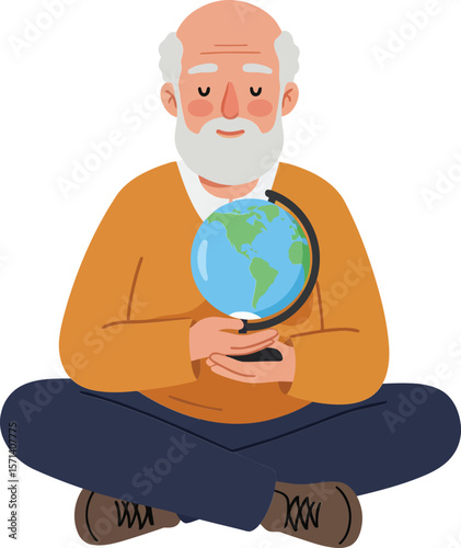 Elderly man sitting cross-legged holding small globe planet earth concept illustration