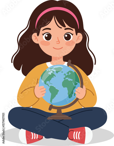 Young girl sitting cross-legged holding globe smiling happily environmental awareness education concept