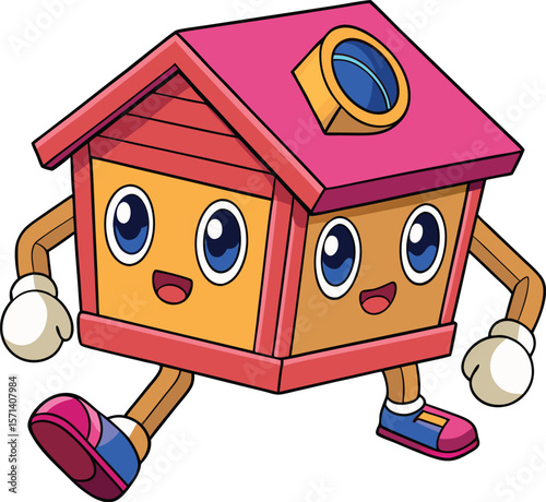 Kawaii walking house with legs and smiling windows, cute home vector