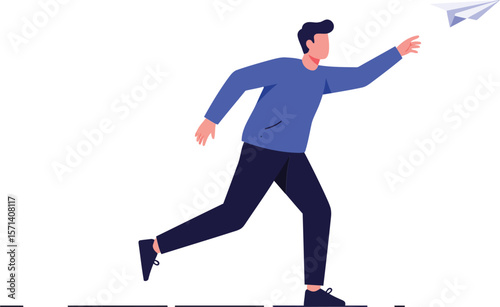 Man throwing paper airplane in blue shirt casual activity simple minimalistic design illustration