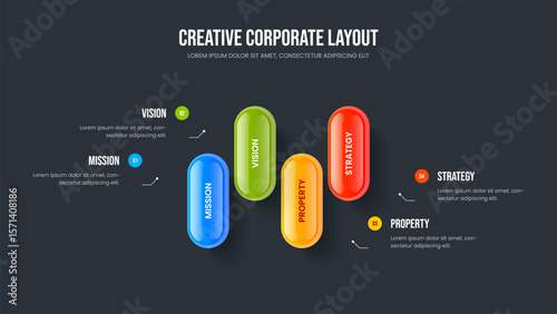 Consulting Review 4 Option Diagram Slideshow Design. Sales Briefing Four Element Infographic Frame Layout. Company Campaign Presentation Template Vector Illustration.