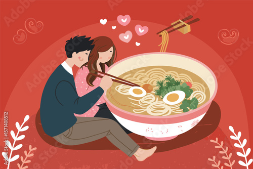 Create a cozy, low-fi vector illustration of a happy couple intimately sharing a bowl of steaming ramen noodles.  Focus on warm lighting and soft lines.