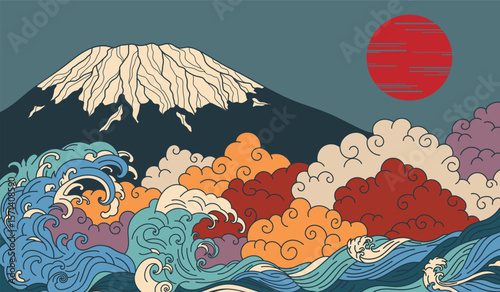 Japanese Vintage Landscape with Mount Fuji, Red Sun, Waves, and Clouds in Ukiyo-e Style, japanese background