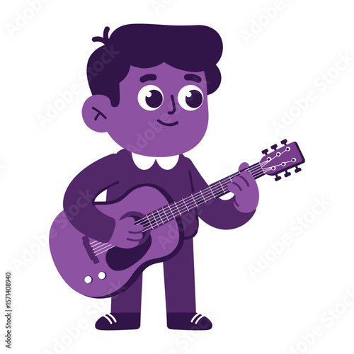 Purple Boy Playing Acoustic Guitar Cartoon Illustration