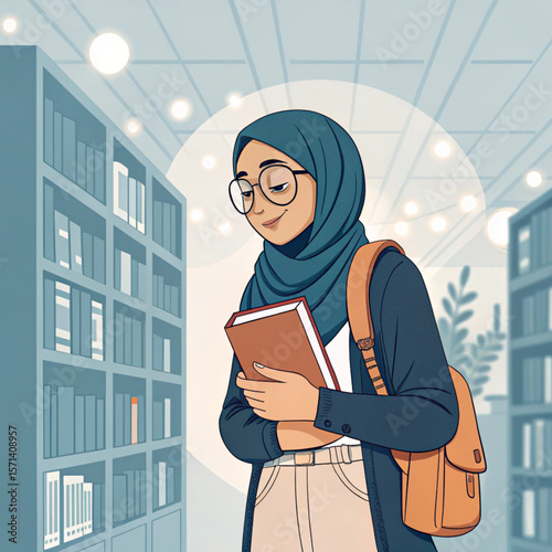 Elegant Muslim Student Girl in Hijab Holding a Book in Library — Empowering Education Vector Illustration