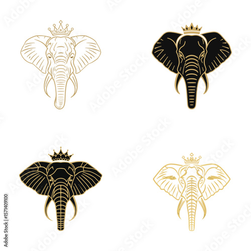 Four Elegant Elephant Heads with Crowns, Monochrome
