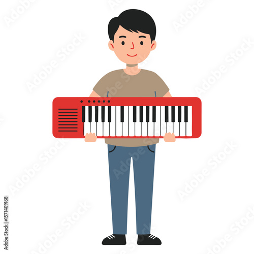 Young Man Joyfully Holding a Red Keyboard Instrument