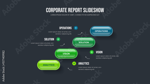 Market Innovation Four Element Diagram Presentation Layout. Consulting Development Frame Design Vector Illustration. Investor Campaign 4 Step Infographic Slideshow Template.