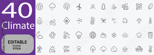 Collection of forty editable climate and weather related icons representing environmental conditions and natural phenomena