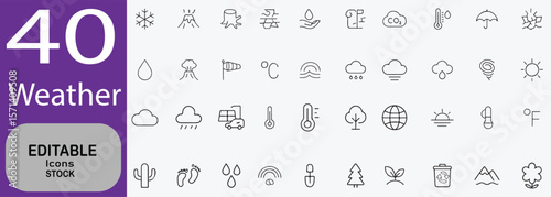 Collection of forty editable outline icons representing diverse weather conditions and climate elements