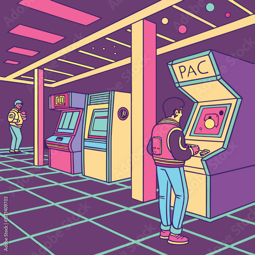 People playing arcade games in a retro arcade with neon lights and colorful machines and checkered floor