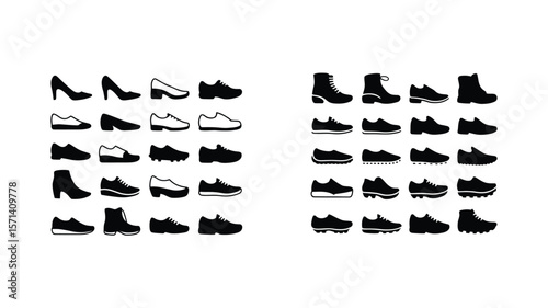 A collection of shoe silhouettes in black and white showcasing various styles and designs on white background