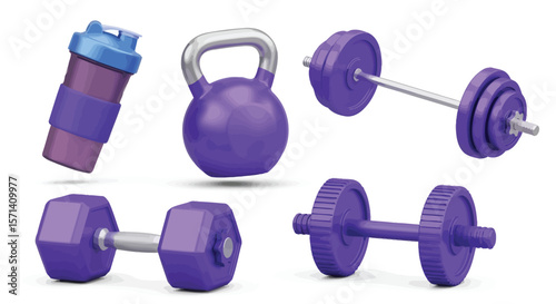 Purple gym equipment barbell dumbbell kettlebell shaker bottle fitness workout