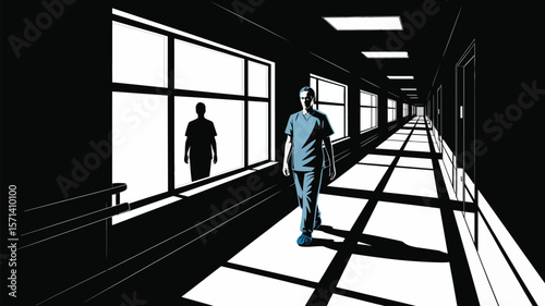 A monochrome illustration of a doctor walking in a hospital hallway with bright window light