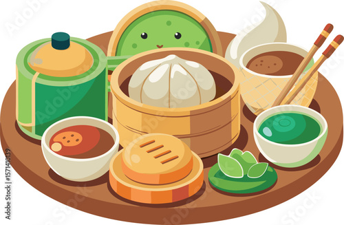 Chinese dim sum set dumplings bao soy sauce.