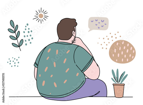 Contemplative plus-size man sitting and reflecting on surroundings in creative illustration