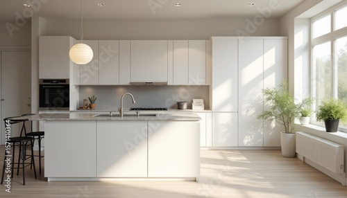 Modern Minimalist Kitchen Design Featuring Sleek White Cabinets and Bright Natural Lighting