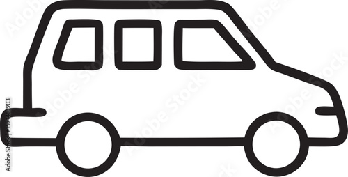 Simple black line drawing of a minivan isolated on a white background