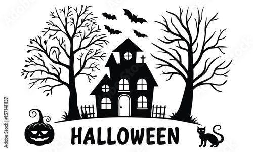 Halloween Spooky House Silhouette with Bats and Pumpkin