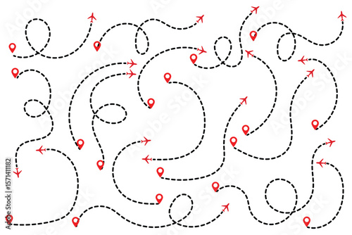 Route icon - two points with dotted path and location pin. Route location icon two pin sign and dotted line. Travel vector icon. Travel from start point and dotted line tracing. Route Optimization. 