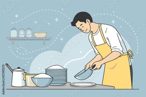 Create a vector illustration of a low-fi style man, wearing an apron, diligently cleaning dishes in a rustic kitchen, with a relaxed and slightly melancholic expression.