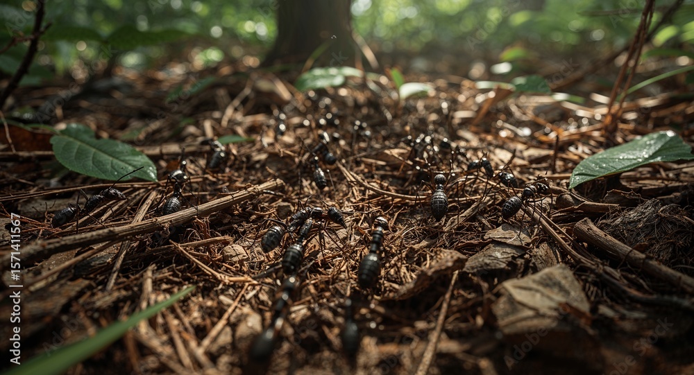 Fototapeta premium A close up view of a colony of ants crawling on the forest floor with leaves and twigs around them