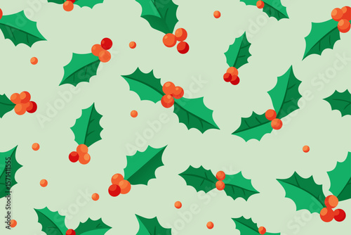 Holly Berries And Mistletoe Leaves Seamless Pattern