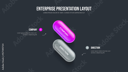 Professional Planning Two Element Diagram Slideshow Design. Business Performance 2 Step Infographic Presentation Layout. Enterprise Innovation Frame Template Vector Illustration.