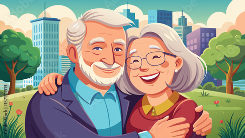 Portrait of cute lovely italian caucasian happy elderly couple hugging outside in city park. pensioner retirees wife and husband rejoice. smiling woman tenderly embracing her 
