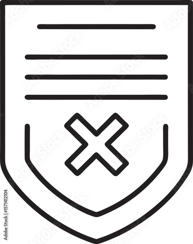 Shield with document and cross mark icon isolated on white background