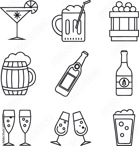 elegant line icons of alcoholic drinks including 