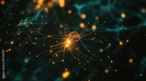 Abstract Neurons in Digital Space with Glowing Connections and Particles in Deep Blue Background Representing Neural Activity and Communication