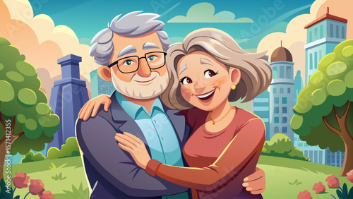 Portrait of cute lovely italian caucasian happy elderly couple hugging outside in city park. pensioner retirees wife and husband rejoice. smiling woman tenderly embracing her 