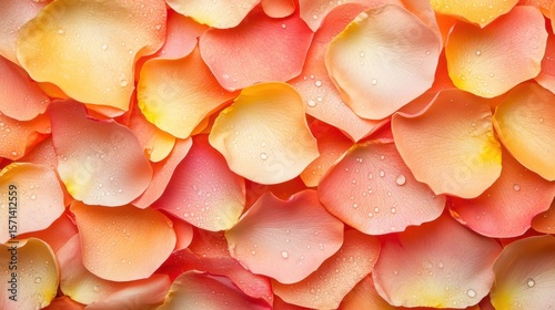 Close-Up of Soft Pink and Yellow Rose Petals with Water Droplets on a Delicate Floral Background for Various Creative Projects
