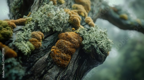 Vibrant Close-Up of Lichen and Moss on Weathered Tree Bark in Misty Forest Setting Capturing the Beauty of Nature's Microecosystem