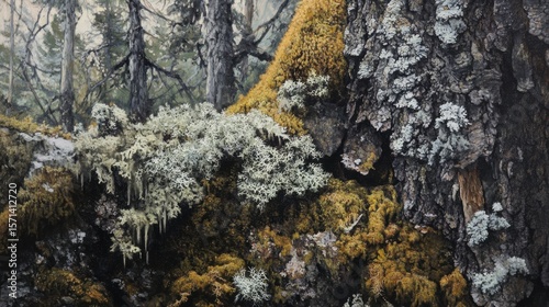 Close-Up View of Vibrant Moss and Lichen on Tree Bark in a Lush Forest Ecosystem with Soft Natural Light and Textural Details