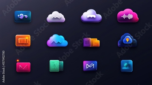 Colorful and Modern Cloud Icons with Vivid Gradient Designs Suitable for Digital Applications and User Interfaces